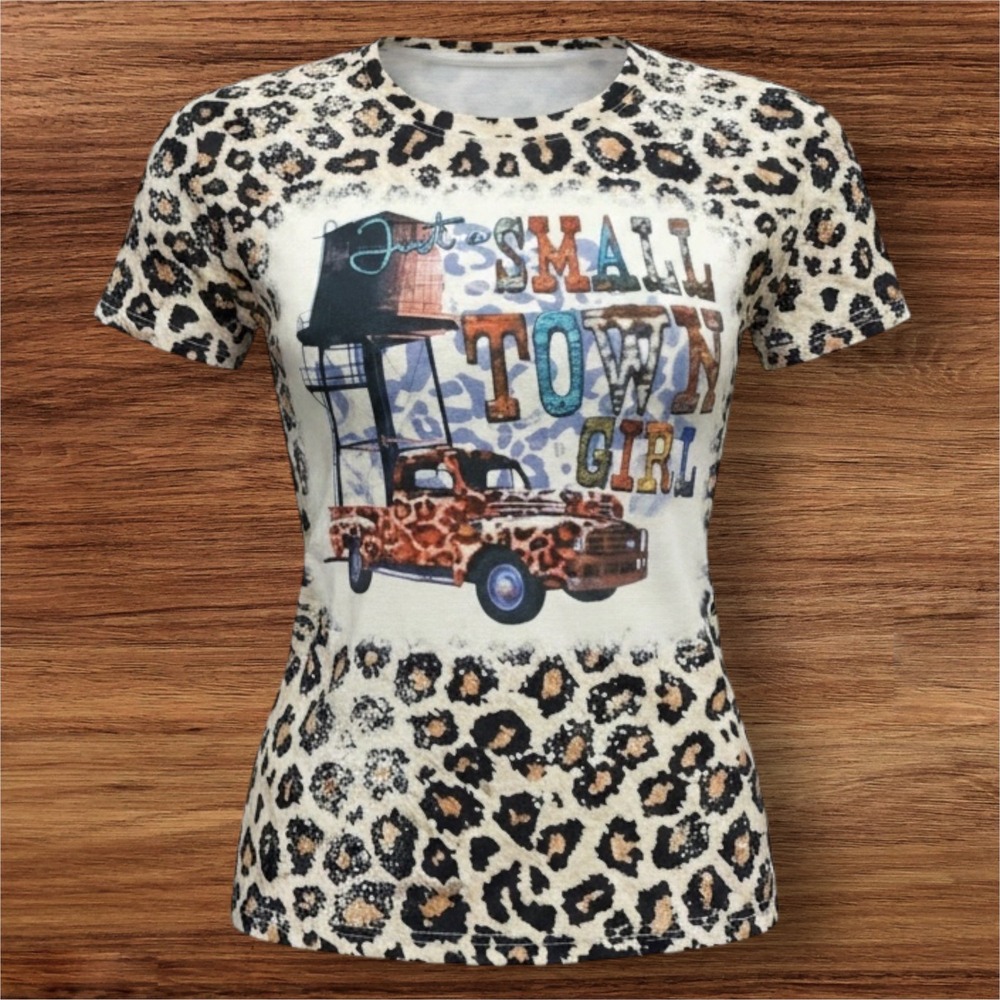 Small Town Girl Leopard Print Graphic T-Shirt Western Vintage Truck Tan XL